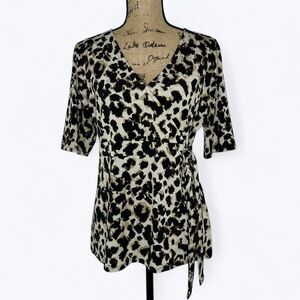 Merona Animal Print Faux Wrap Shirt Womens Sz XL Stretch Leopard Office Mob Wife